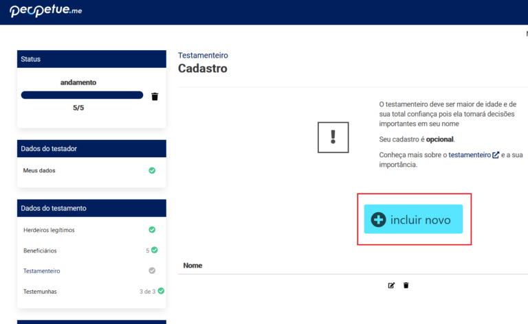 Tela que mostra e da destaque ao botão para incluir um testamenteiro