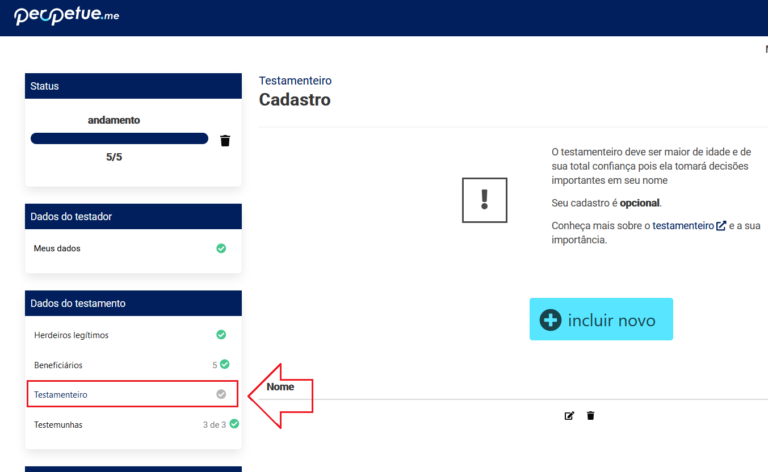 Tela mostrando a localização do item testamenteiro